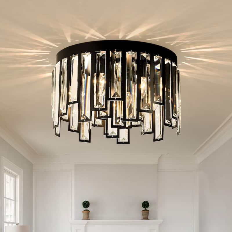6 Lights Flush Mount Chandelier 16" Matte Black Modern Dimmable Round Ceiling Lamp With Crystal Accents - W16''