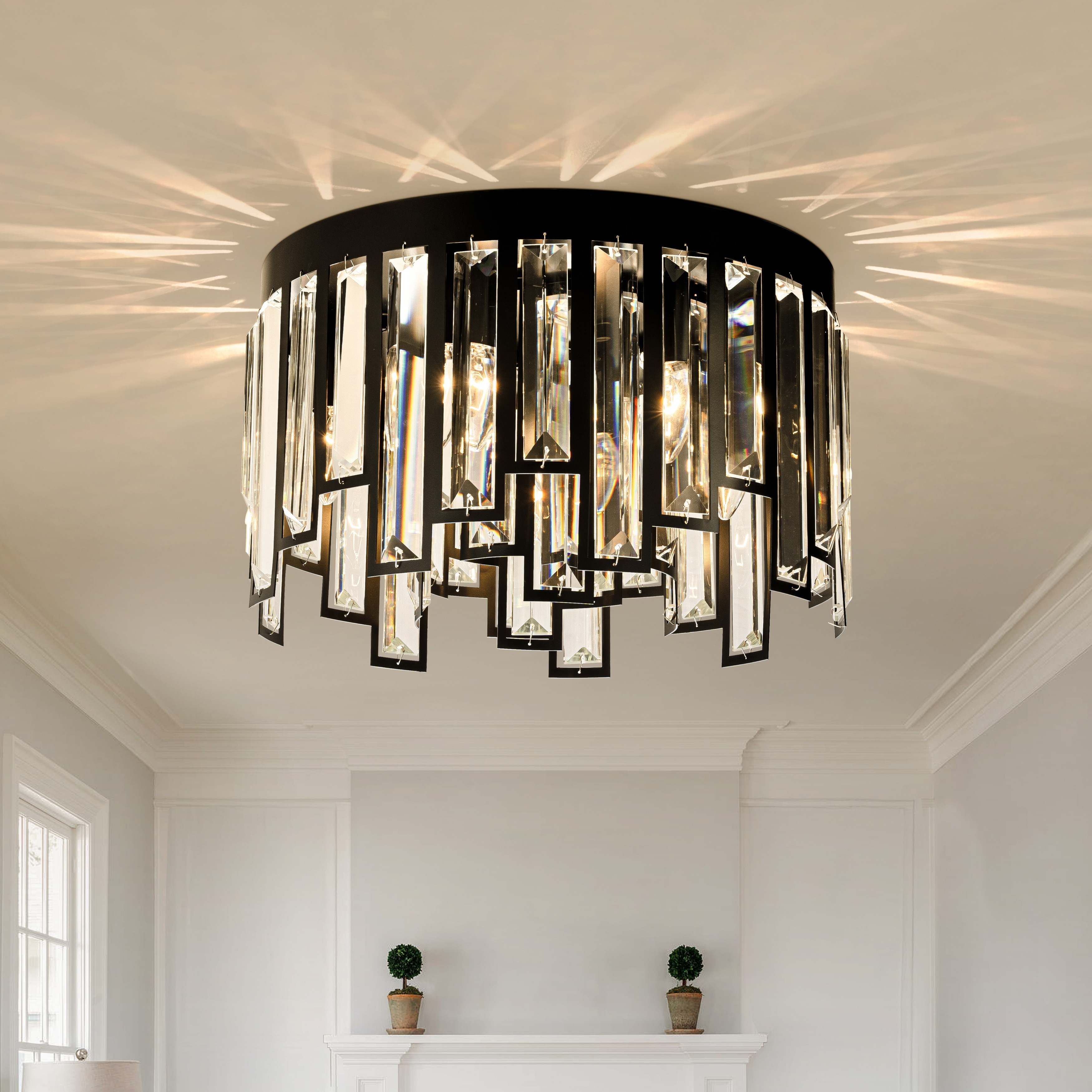 6 Lights Flush Mount Chandelier 16" Matte Black Modern Dimmable Round Ceiling Lamp With Crystal Accents - W16''