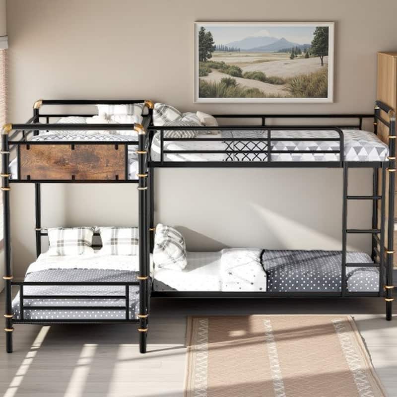 Heavy-Duty Metal Quad Bunk Bed with Detachable Triple Twin Beds, Non-Slip Ladder, Safety Guardrails & Rustic Wood Accents - Black