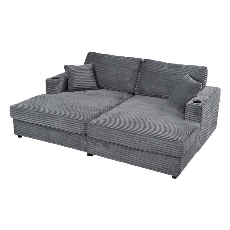 86.5" Corduroy Chaise Lounge Sofa with 2 USB Ports, Cup Holders, and 550lb Capacity
