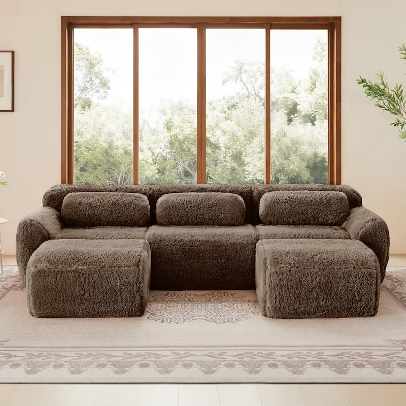114.6" Modern Plush Boneless Couch with Deep Seat, Sectional Couches for Living Room, Upholstered Cloud Sofa with 2 Ottoman