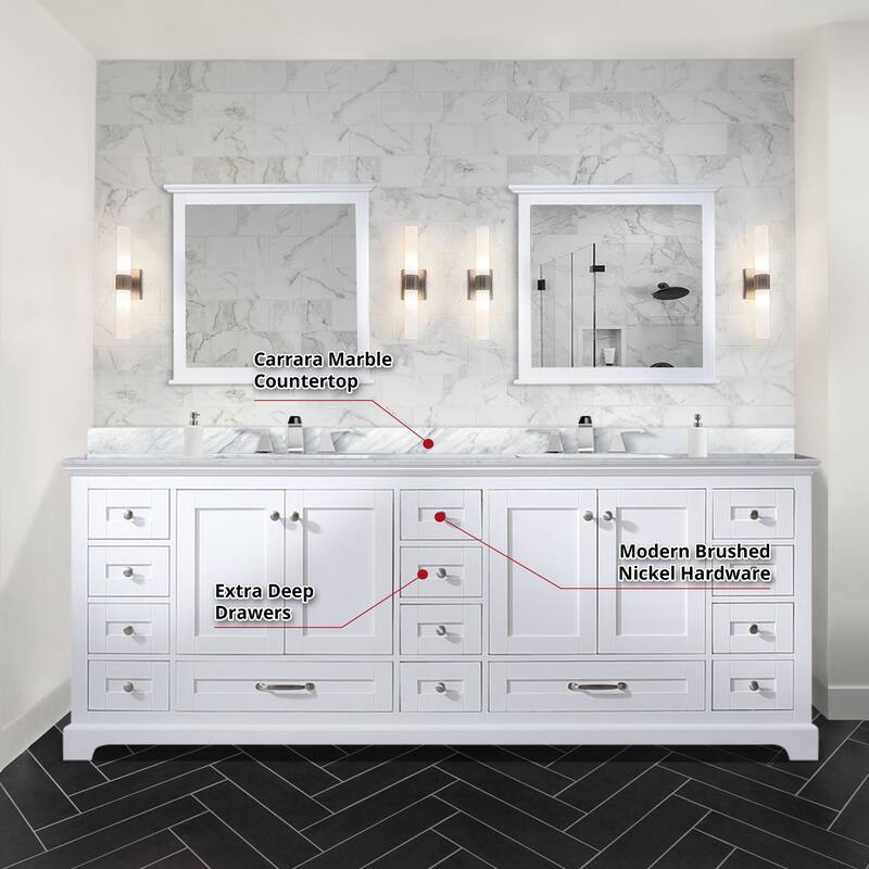 Dukes 84 in. W x 22 in. D Navy Blue Double Bath Vanity, Carrara Marble Top, Faucet Set, and 34 in. Mirrors