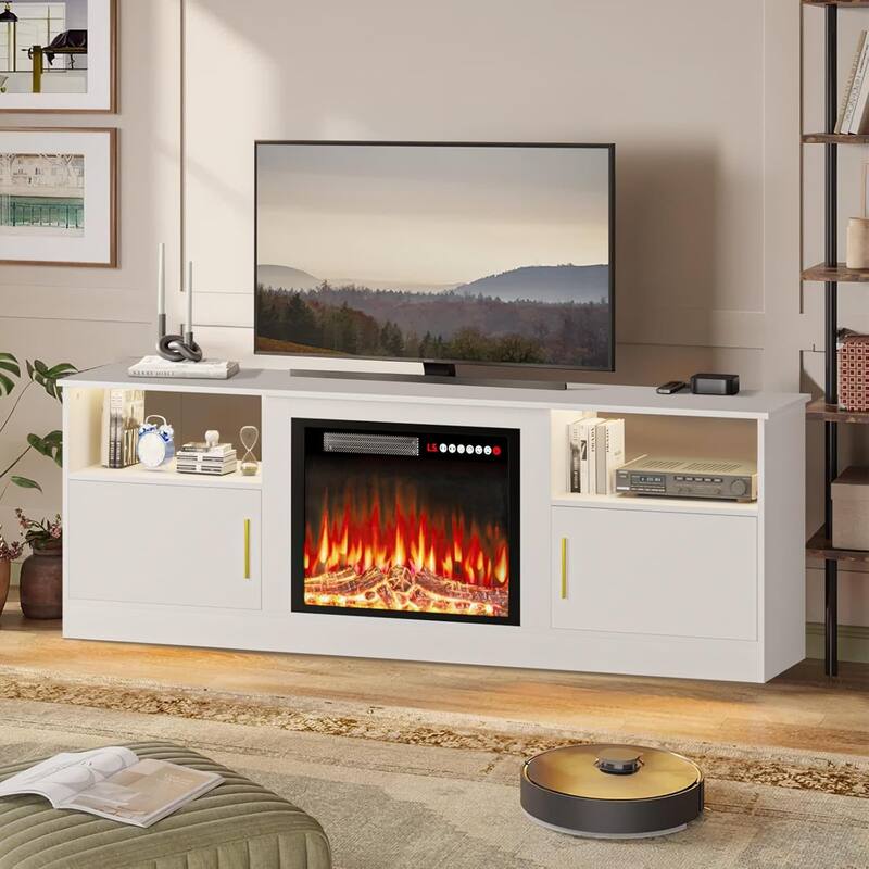 BOSSIN 70" Fireplace TV Stand - Modern Wood Entertainment Center with 23" Electric Fireplace with LED Light for Living Room
