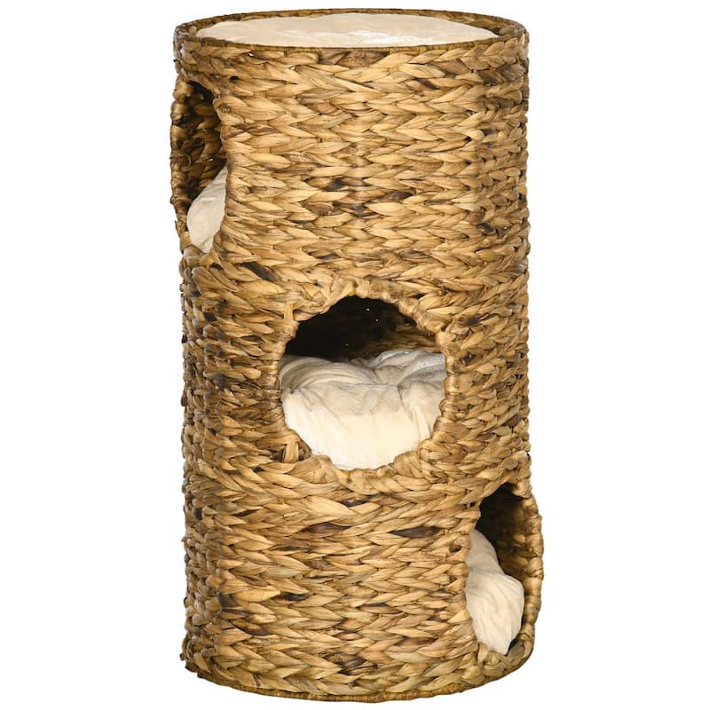 PawHut Elevated Cat Bed with Three Hideaways & Four Soft Plush Cushions, Cat Tower with Hand-Woven Materials - Brown