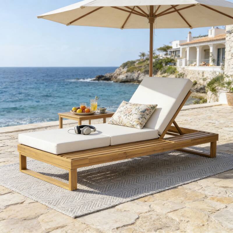 Christopher Knight Home - Modern Outdoor Acacia Wood Chaise Lounge with 4-Position Adjustable Backrest & 2-Fold Cushion