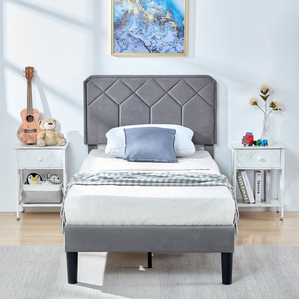 VECELO Adjustable Height Velvet Headboard Grey Bed Frame with Diamond Tufted Twin/Full/Queen Sizes Frame with Center Support Leg