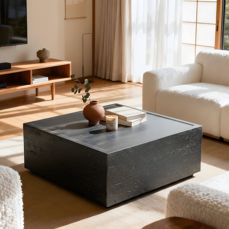 28" Square MGO Coffee Table with a Natural Stone-Look Finish - Black Travertine