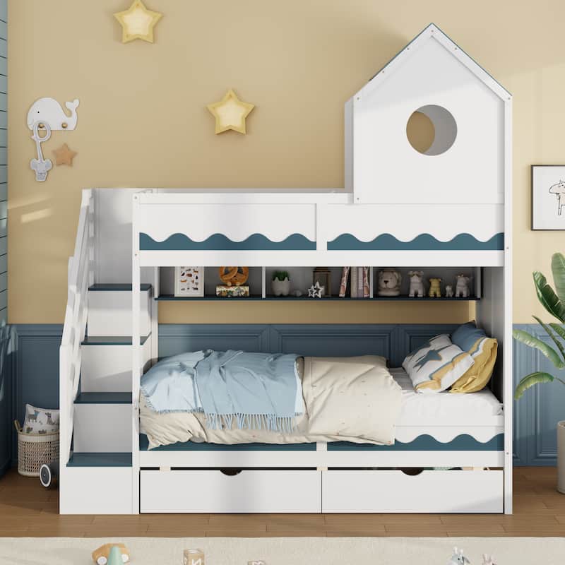 Twin Over Twin Bunk Bed with House Design, Drawer, Staircase & LED Lights - White - Twin