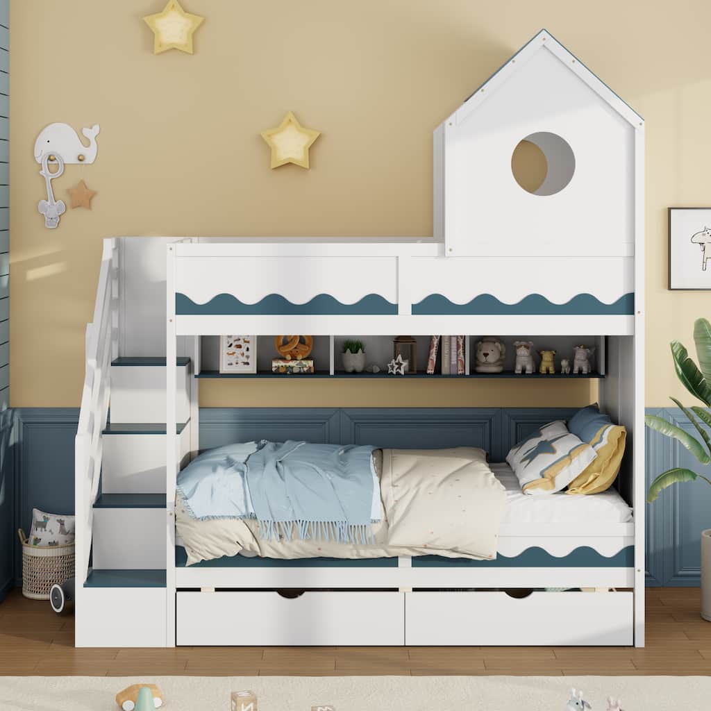 Twin Over Twin Bunk Bed with House Design, Drawer, Staircase & LED Lights