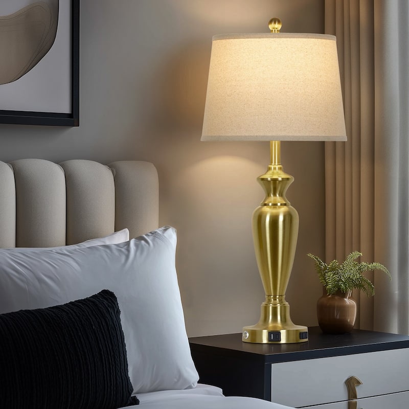 Set of 2 Modern 28-Inch Table Lamps with Built-in Night Light, USB Ports & AC Outlet - 13'' x 13'' x 30''