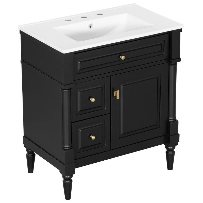Roomfitters 30" Bathroom Vanity with Sink, Solid Wood Frame, Flip Drawer, 2 Drawers & Door Rack