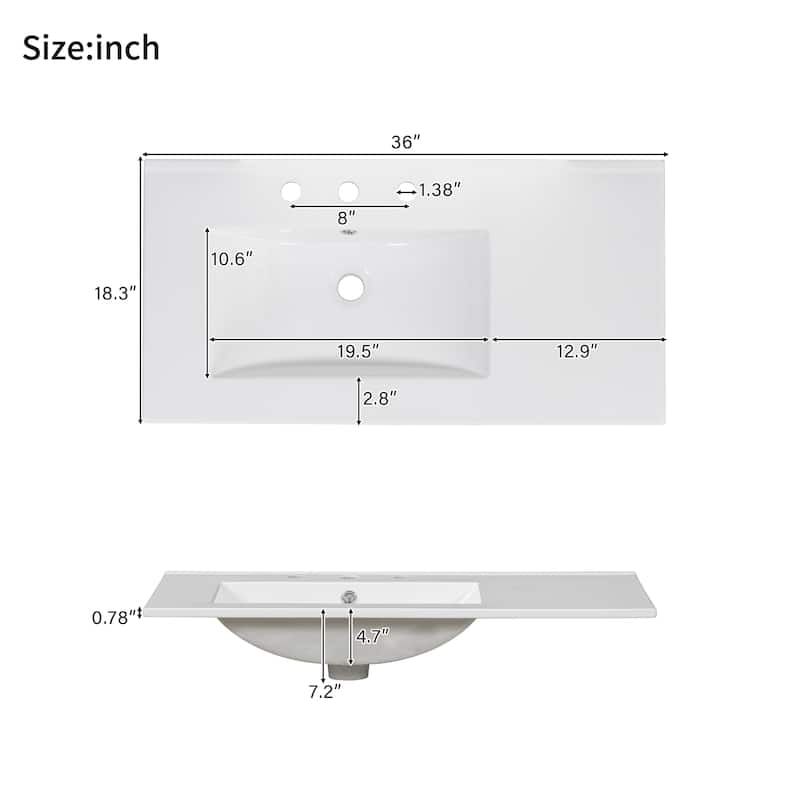 36'' Bathroom Vanity with ceramic sink Bathroom Storage Cabinet with Adjustable U-shaped shelf and 3 drawers