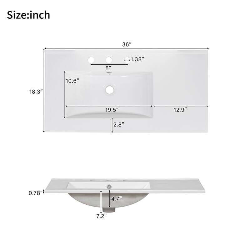 Roomfitters 36" Transitional Bathroom Vanity with Ceramic Sink, 2 Soft-Close Doors, Adjustable Shelf and 3 Drawers