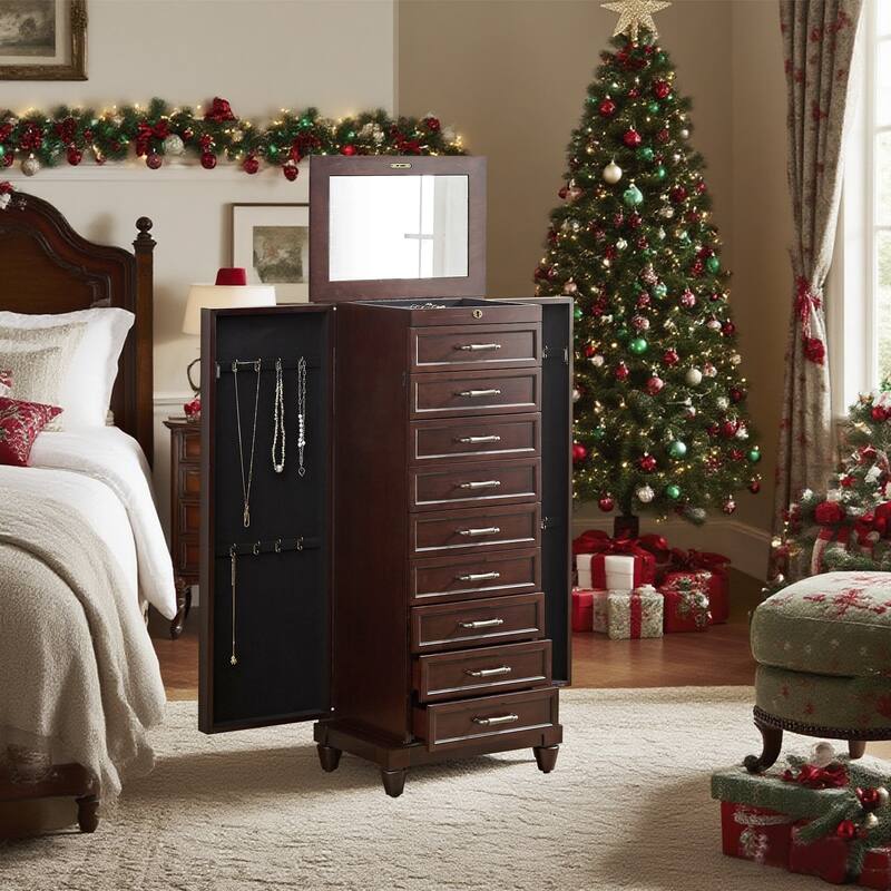 Tall Standing Jewelry Armoire with Mirror,Lockable Wooden Jewelry Cabinet with 9 drawers and side door,