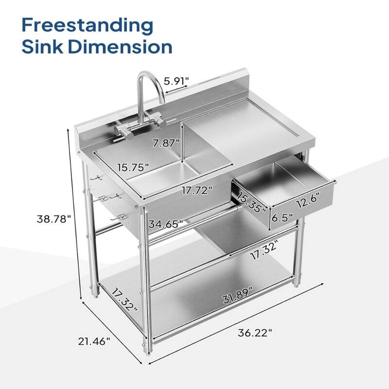 36 In. Stainless Steel Freestanding Single Bowl Sink Laundry/Utility Sink In Silver With Drawer & Hanging Hook - N/A