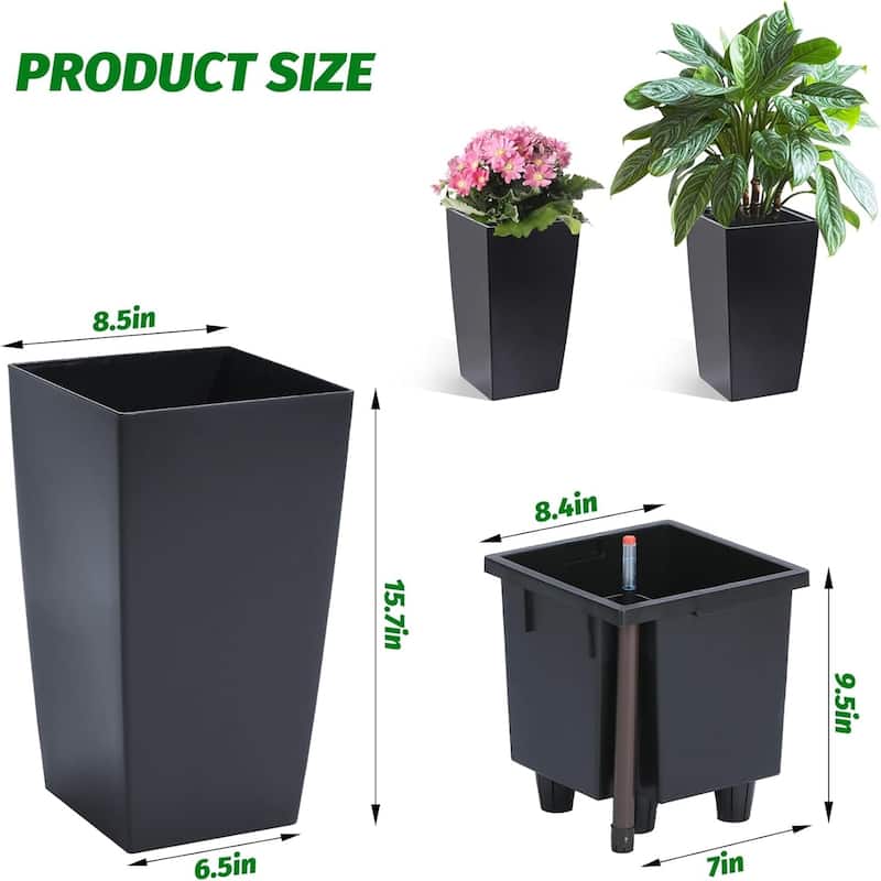 2-Pack 16-Inch Tall Planters with Drainage Holes Water Level Monitor and Inner Bucket Black