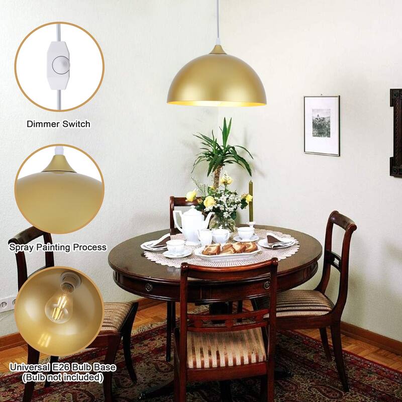 1-Light Dome Hanging Pendant Light Chandelier Lighting for Kitchen Island with Metal Cover & Plug