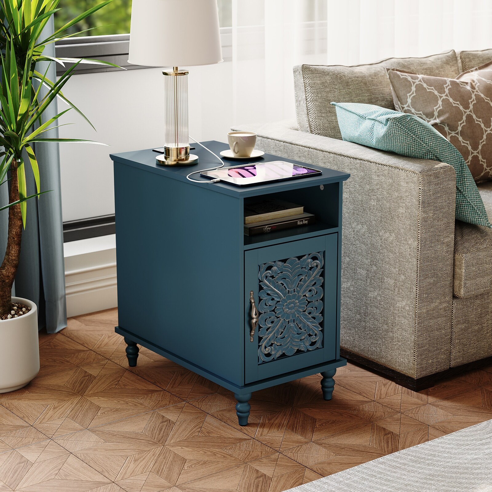 Retro Nightstand with Charging Station & Hand-Carved Door