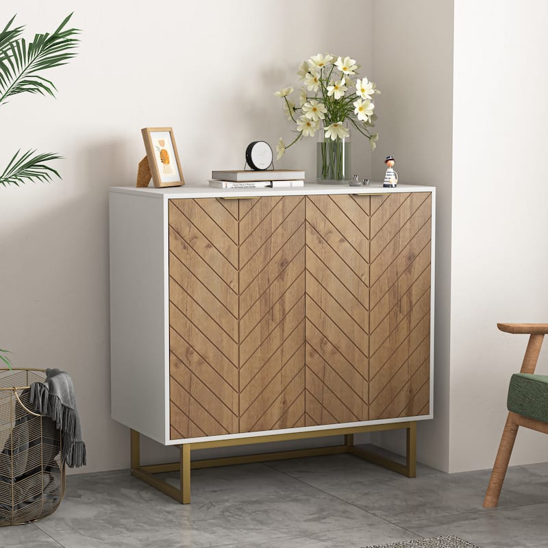 Cabinet with Herringbone Wood Pattern Door, Kitchen Buffet Cabinet, Coffee Bar Cabinet with Sheles & Metal Base