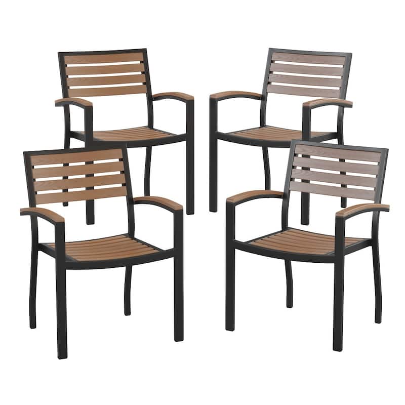 Set of 4 Stackable All-Weather Metal Patio Chairs with Faux Teak Slats