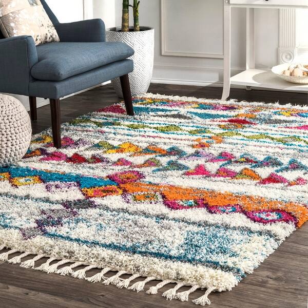 slide 1 of 10, nuLOOM Boho Plush Multicolor Geometric Tribal Pint Tassel Shag Rug