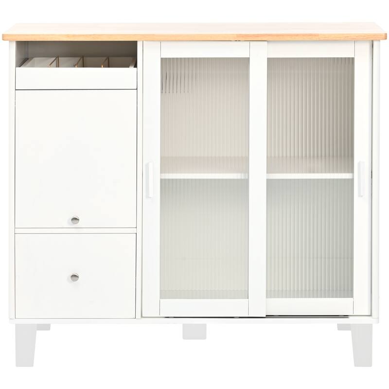 LED Kitchen Island Cart with Drop Leaf, Adjustable Shelf & 2 Drawers, Portable Islands on Wheels w/2 Fluted Glass Doors&Cabinet