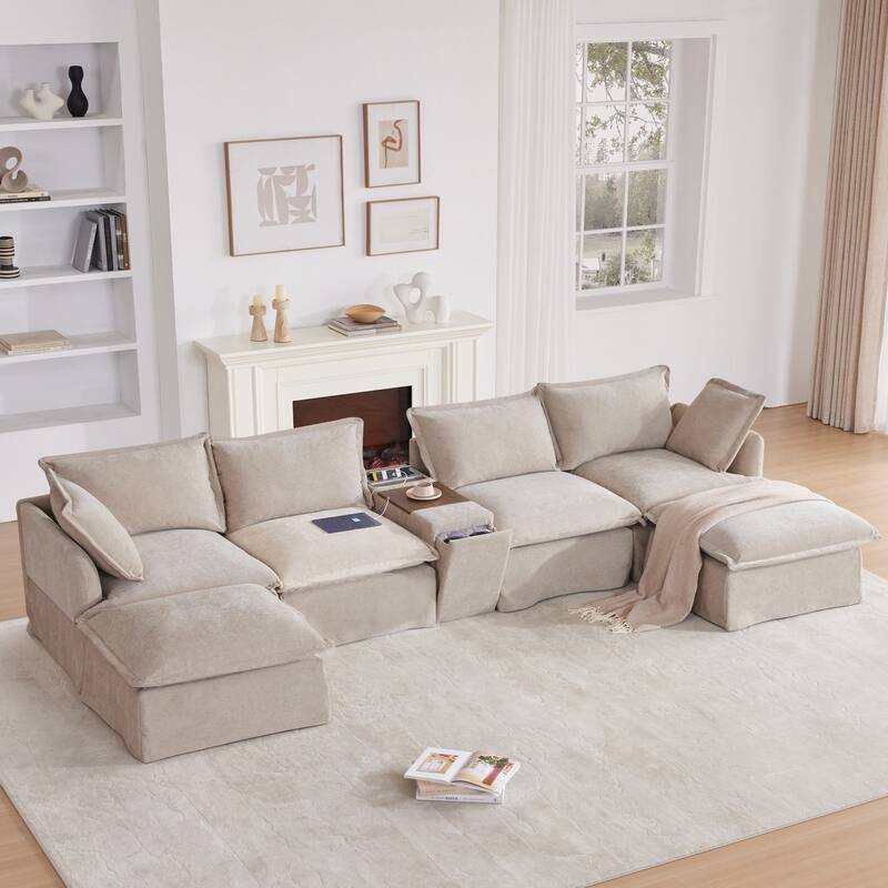 Sectional Sofa With Movable Ottoman And Console,Cup Holder,Wide Seat,U Shaped Couch,Chenille Sofa With Usb Charger - khaki