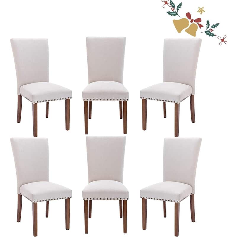 Upholstered Parsons Dining Chairs Set of 2/4/6, Fabric Dining Room Kitchen Side Chair with Nailhead Trim and Wood Legs - Set of 6 - F-Beige