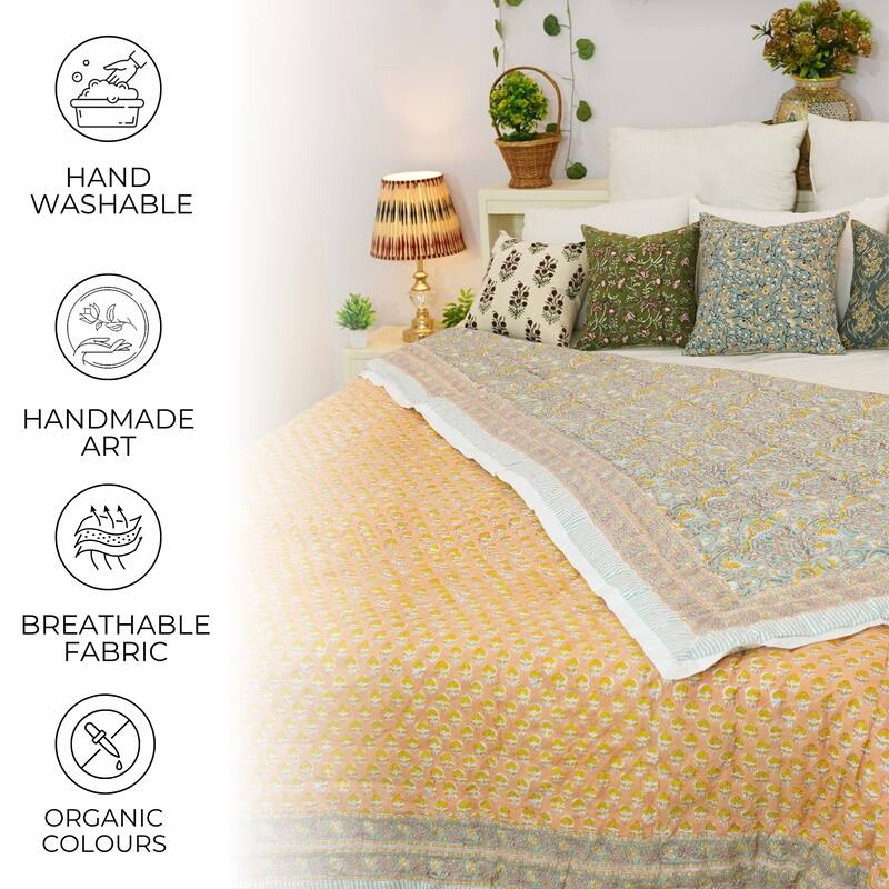 Fabdivine Handcrafted Cotton Quilt - Mustard Floral, Premium Cotton Reversible Traditional Hand Block Print Decorative Bedding