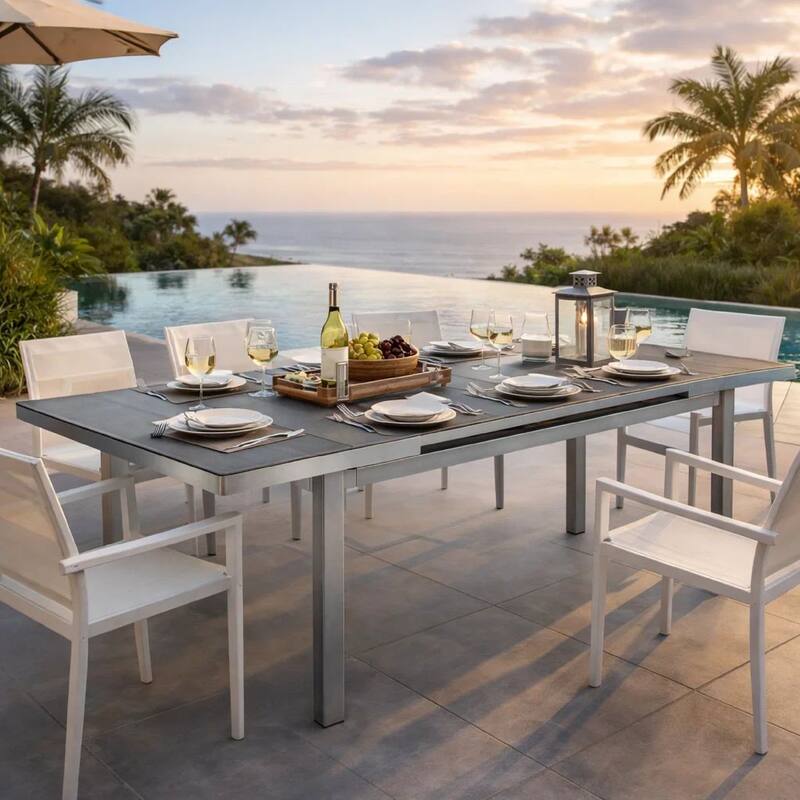 Kylo 90 Inch Extendable Dining Table, Smooth Gray Aluminum Frame, Outdoor