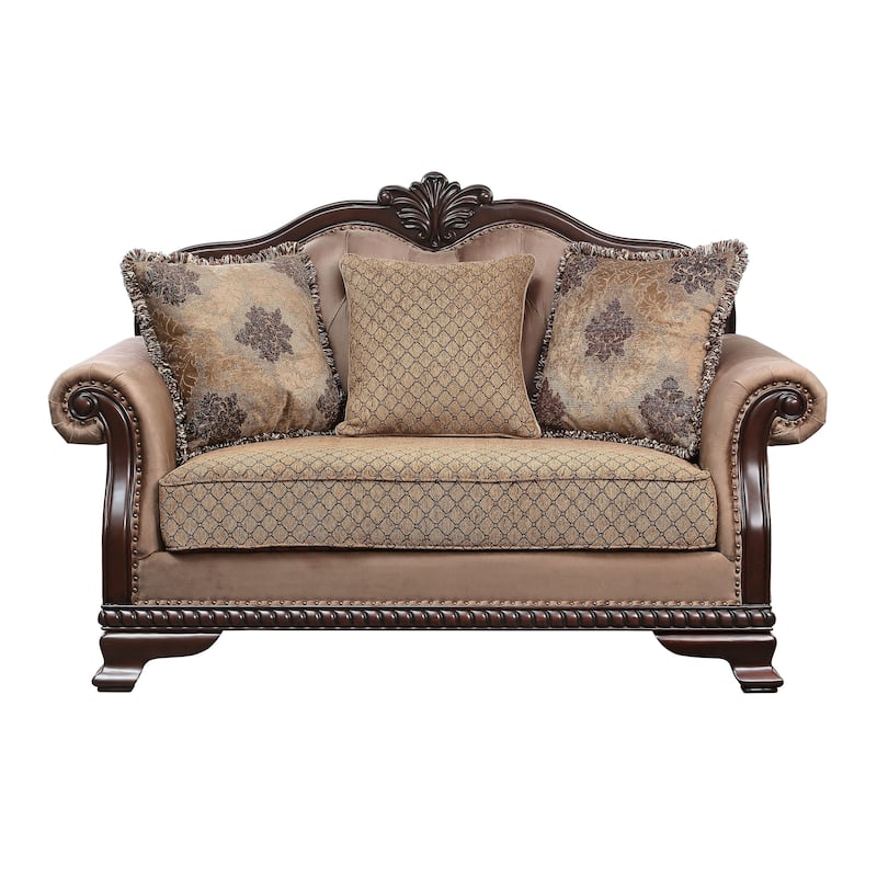 Louis Espresso and Beige Loveseat with 3 Pillows