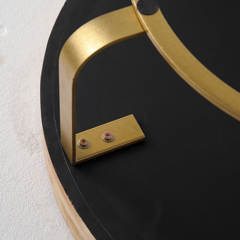 GDFStudio Calvion Round Pine Wood Coffee Table with Steel Frame and Carving Pattern