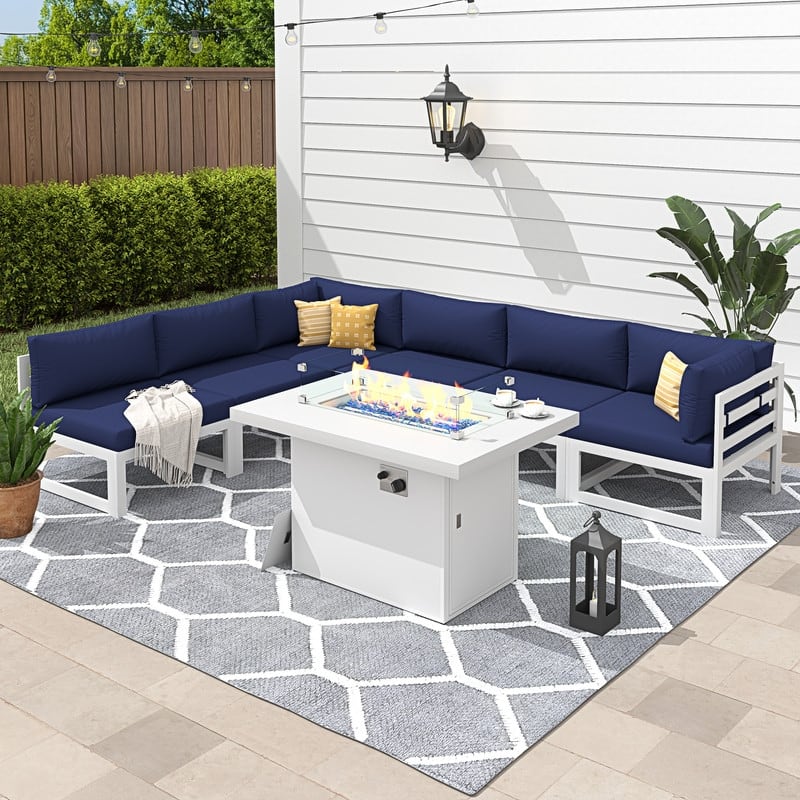 FINCATI 7 Piece Aluminum Outdoor Furniture Set with Propane/Natural Gas Fire Pit Table, 29" Wide Outdoor Sectional Sofa for 6 - Navy Blue