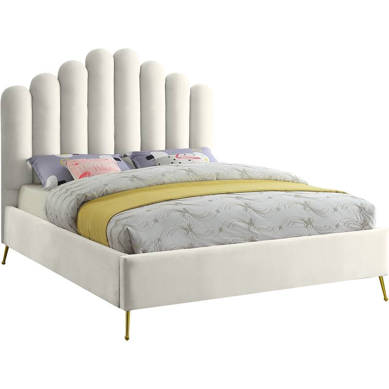 Velvet Platform Bed - Upholstered Bed with Tufted Headboard & Gold Legs