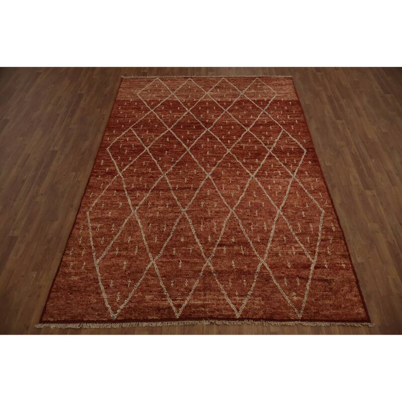 Hand Knotted Oriental 100% Wool Carpet Modern Geometric Oranges & Rust Moroccan Area Rug - 9' 10'' X 6' 8''