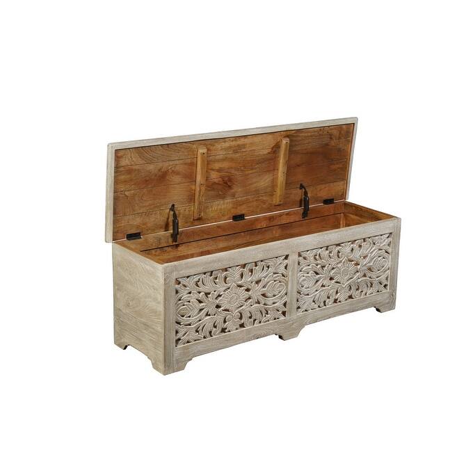 HomeRoots 52" Gray Distressed Solid Wood Carved Floral Storage Ottoman