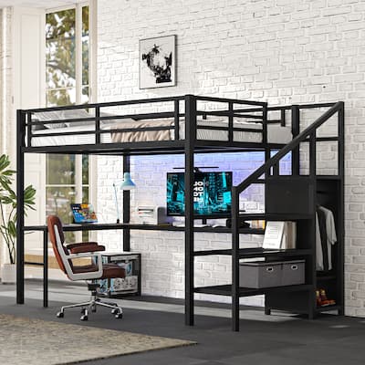 GDFStudio - Weston Loft Bed with L-shaped Desk and USB, Metal Loft Bed with smart necessaries for Kids Teens Adults