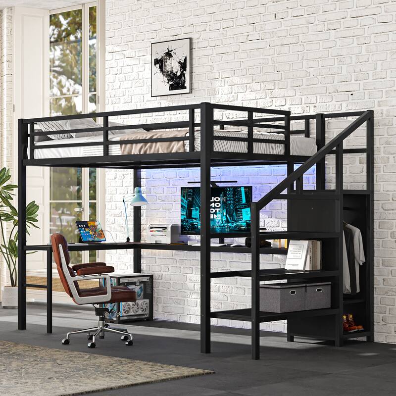 Heavy Duty Metal Loft Bed with L Shaped Desk and Charging Station, LED High Loftbed Frame with Built In Wardrobe