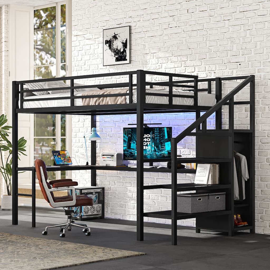 Roomfitters Full Metal Loft Bed with L-Shaped Desk, USB Port, Wardrobe, Adjustable Shelf & Lighting, Black