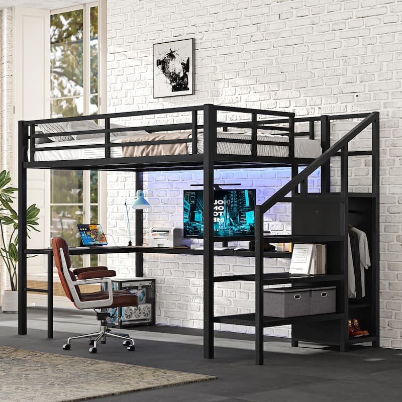 Roomfitters Full Metal Loft Bed with L-Shaped Desk, USB Port, Wardrobe, Adjustable Shelf & Lighting, Black - Black - Full
