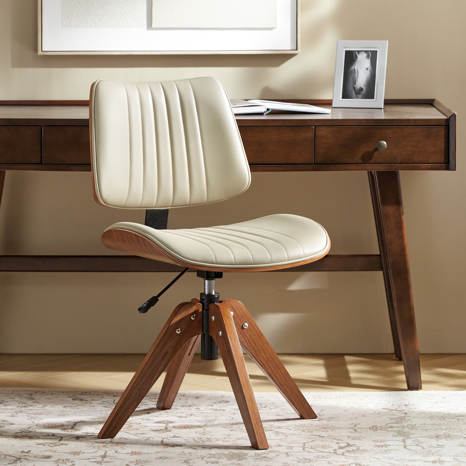 HULALA HOME Will Mid-century Modern Faux Leather 360° Swivel Office Chair with Solid Wood Legs and Channel-tufted Back