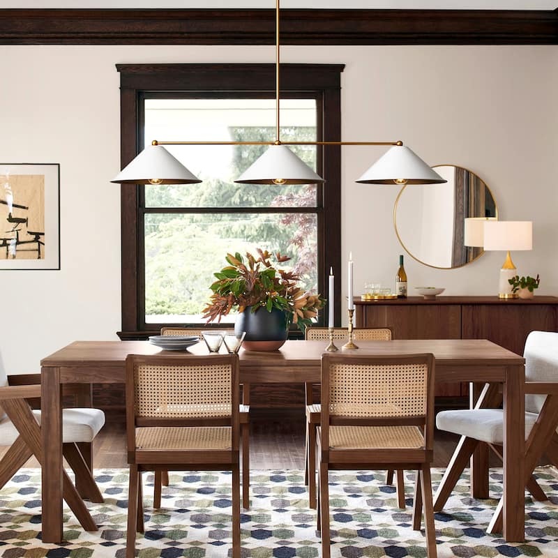 3-Light Mid-Century Modern Black/White Linear Cone Large Chandelier for Dining Room and Kitchen Island