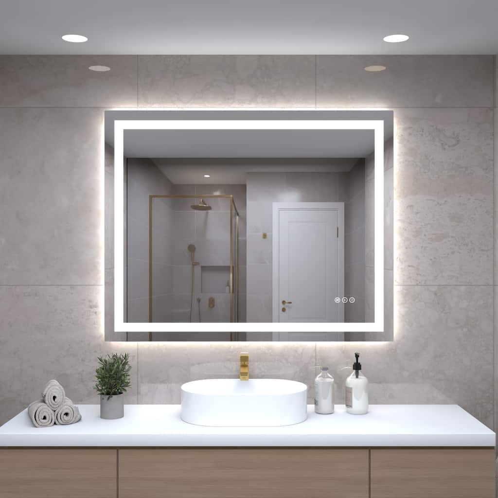 40 " Tempered LED Bathroom Mirror with Front and Backlight, Large Dimmable Wall Mirrors, 3 Colors, LED Vanity Mirror
