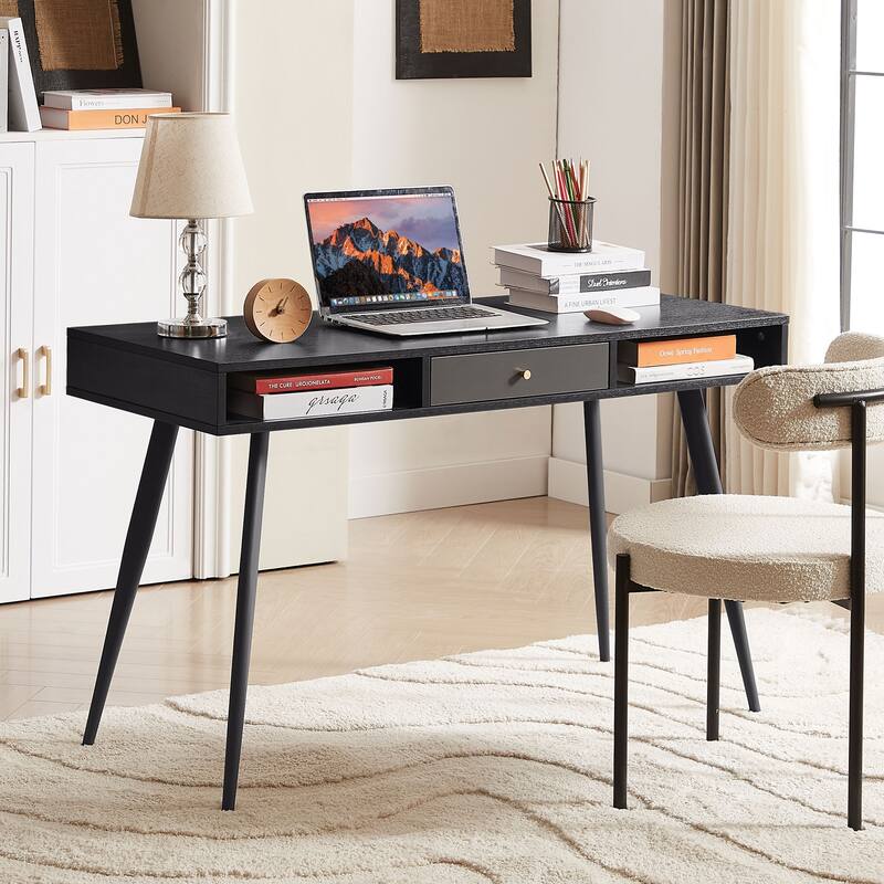 GDF Studio - Mid-Century Writing Desk with USB Ports, Power Outlet & Storage Drawers