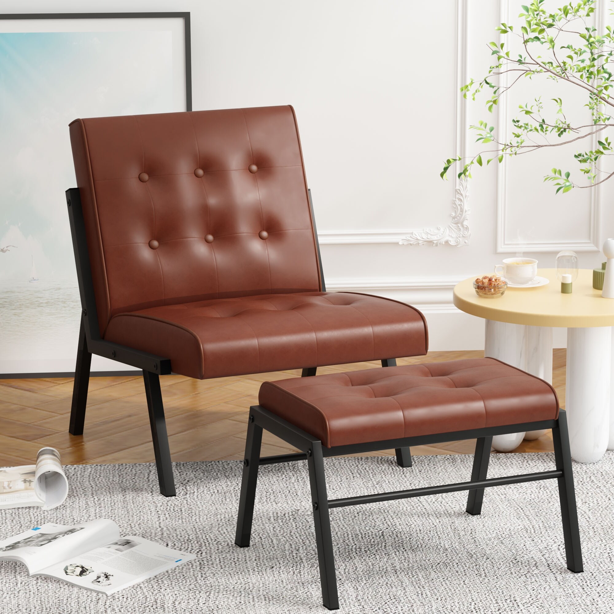 Mieres Mid Century Style Faux Leather Upholstered Accent Chair