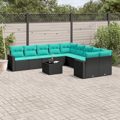 vidaXL 11 Piece Patio Sofa Set with Cushions Black Poly Rattan - 24.4" x 24.4" x 27.2"