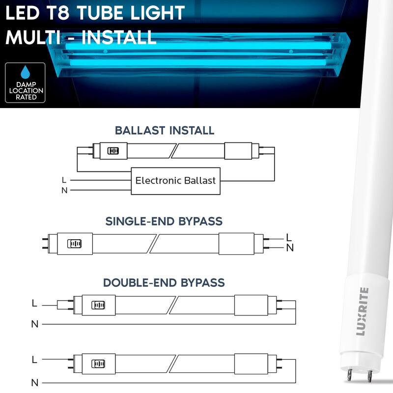 Luxrite 4FT T8 LED Tube Light, 13W=32W, 3 Color Option, Single and