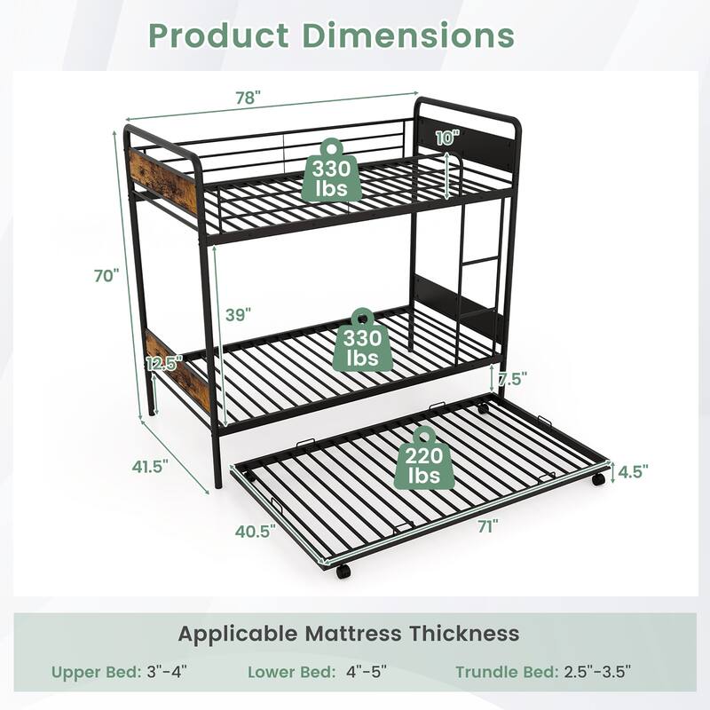 Gymax Twin Over Twin Bunk Bed w/ Trundle Industrial Metal Bunkbed