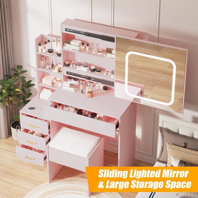 Vanity Desk with Mirror and LED Lights, Makeup Vanity Desk with Sliding Lighted Mirror