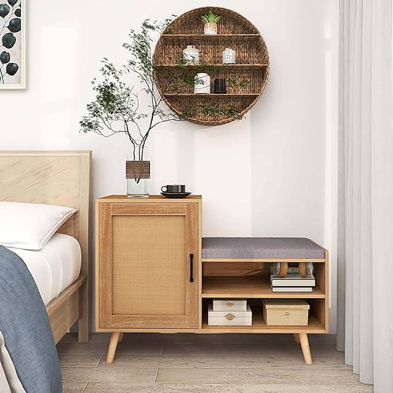 2-in-1 Rattan Shoe Cabinet w/ Bench 3 Adjustable Shelves & Wood Legs